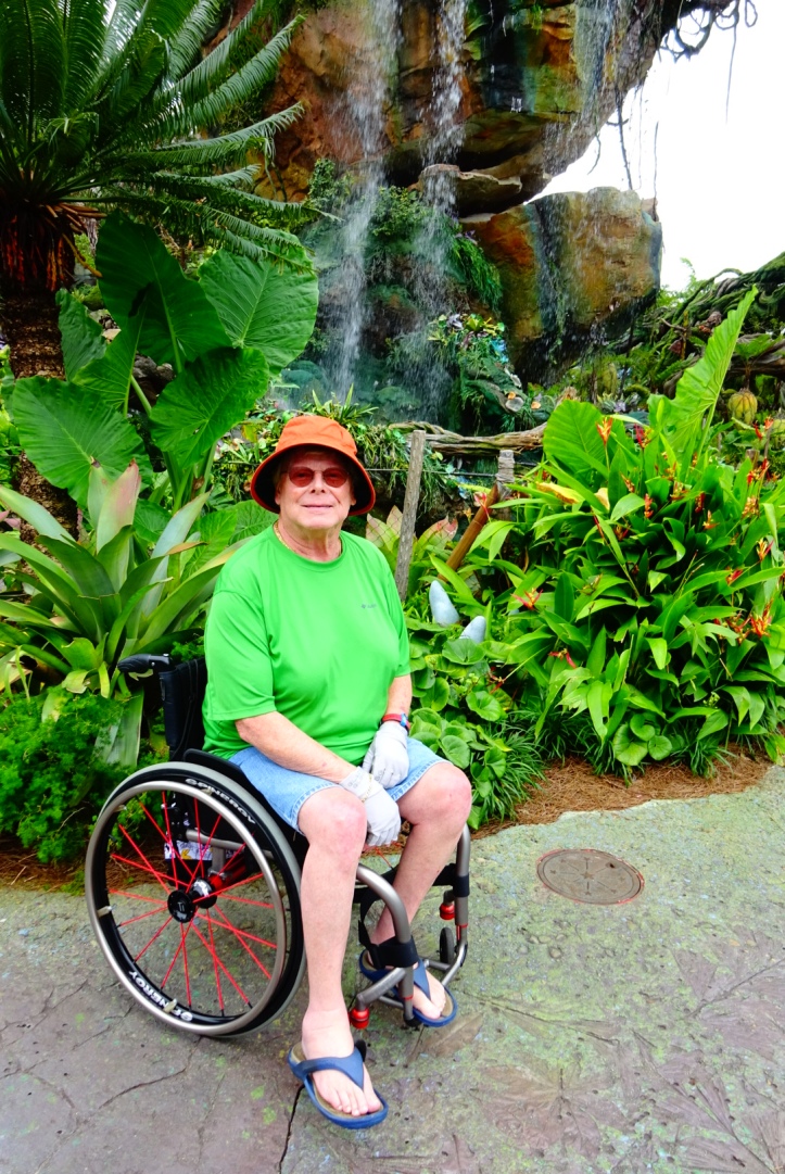 George is sitting in front of lush vegetation with a waterfall. He is sidewalk in the wheelchair with the front foot on the ground. Wearing an orange hat, bright green shirt, jeans shorts, and flip flops.