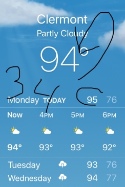 Screen shot from a phone showing the weather for a city, Clermont. It shows Partly Cloudy, 94 degrees. The forecast for 3 days is for sun and thunderstorms with highs in the 90's. There is a notation written on it, pointing to the 94 that says, "34C."