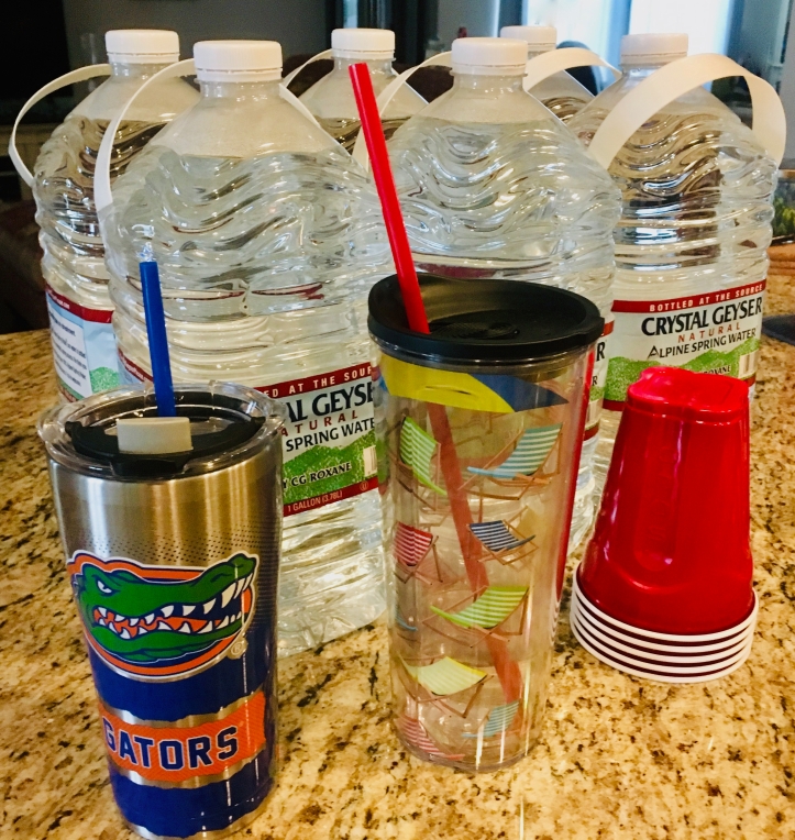 6 large bottles of spring water. In the foreground are an aluminum Florida Gators glass, a large, clear glass with beach chairs, and a stack of red, plastic cups.